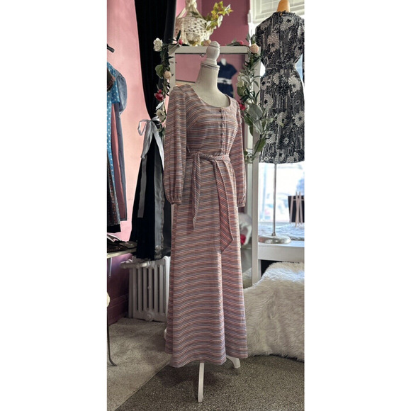 Vintage 60s 70s Maxi Dress Pink Purple Stripes Mod Balloon Sleeves Shimmer XS/S - Picture 4 of 9